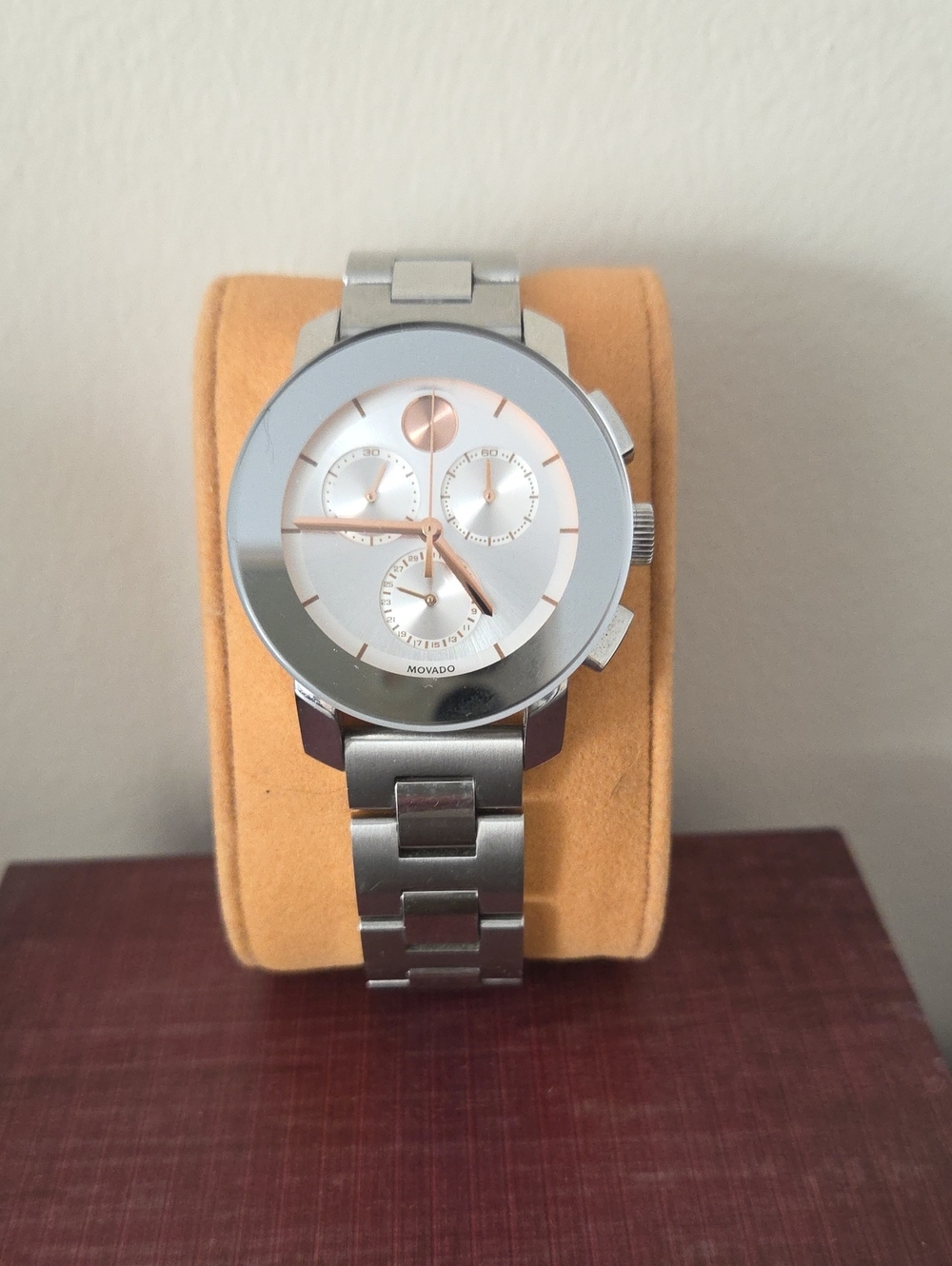 Movado Bold Silver Stainless Steel Watch with Rose Gold Accents